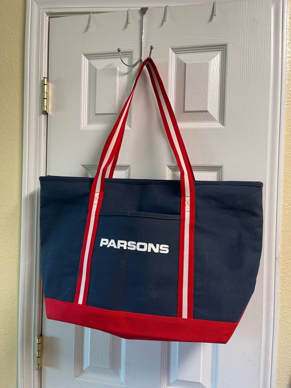 Parsons Navy and Red Canvas Tote with Striped Handles